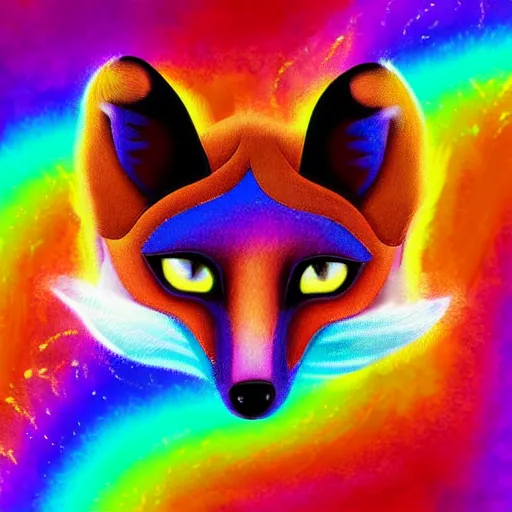 Prompt: digital art in the style of Lisa frank, depicting, anthropomorphic fox furry with their eyes closed, dreaming of pastel rainbows and happy thoughts, trending on FurAffinity