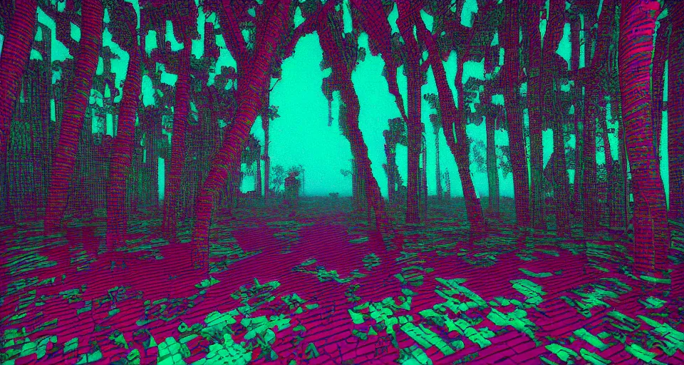 Image similar to 80s vaporwave outrun 3d Render of red deep sea forest, liminal space retro, grainy, noisy