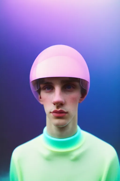 Image similar to high quality pastel coloured film mid angle portrait photograph of a beautiful young 2 0 year old male, soft features, short hair, perspex space visor and oversized inflated clothing!!!! icelandic black! rock pool environment. atmospheric three point light. photographic. art directed. ( pastel colours ). volumetric. clearcoat. waves. 8 k. filmic.