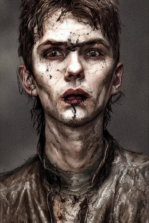 Image similar to a rough ugly young man, very short brown hair, gothic, tattered leather coat, intricate, elegant, dramatic lighting, ugly face, highly detailed, lifelike, photorealistic, digital painting, artstation, illustration, concept art, smooth, sharp focus, art by John Collier and Albert Aublet and Krenz Cushart and Artem Demura and Alphonse Mucha