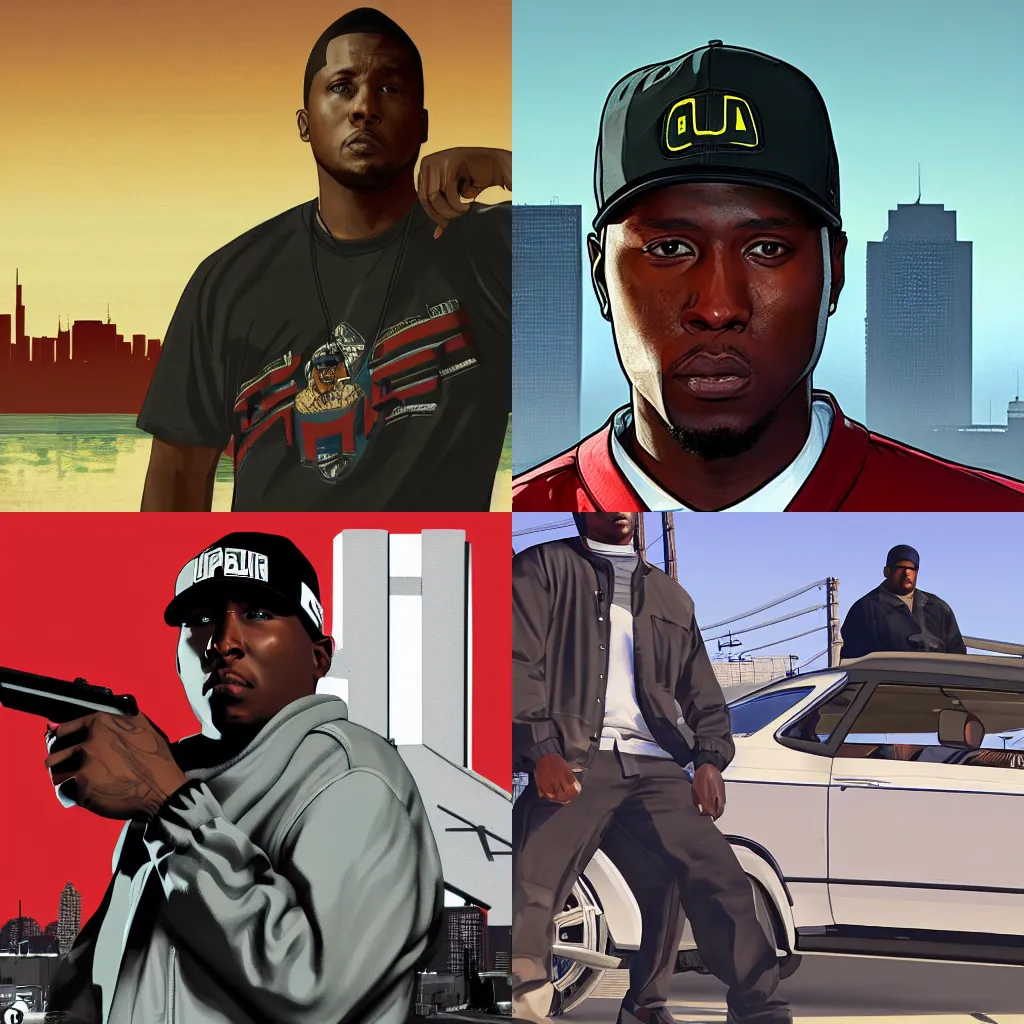 Prompt: mc ren in the gta v loading screen, masterpiece, 8 k, 4 k, art by stephen bliss