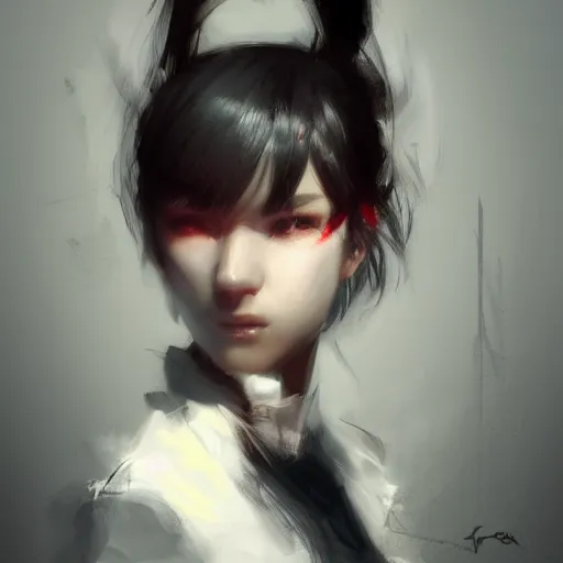 Image similar to a cute girl by ruan jia, closeup headshot, black ponytail, movie style, high detailed.