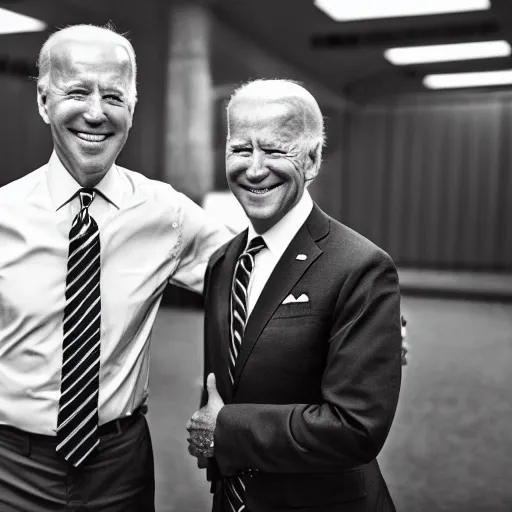 Image similar to A portrait photo of joe biden teams up with a teenage joe biden, perfect faces, 50 mm, award winning photography