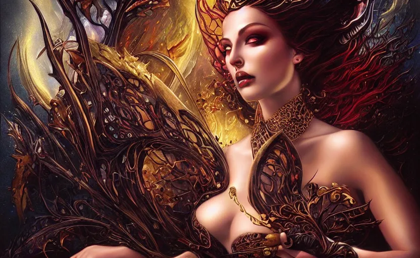 Image similar to a seductive dark fantasy mystical mistress sorceress, deviantart, art by artgerm and karol bak and mark brooks, jason edmiston