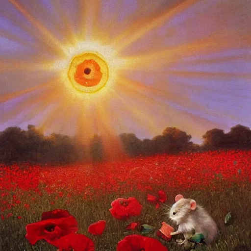 Prompt: a masterpiece painting by alfred mucha : a small white rat taking the sun in a poppy field with a red sunset in the background