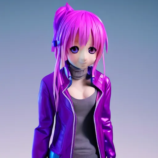 Prompt: portrait of a anime and chibi very cute girl with purple jacket design by antonio mello, xkung work, cyberpunk fashion, character modeling, toy design, substance 3 d painter, blender, mental ray, zbrush, soft vinyl, bio luminescent, maximalist sculpted design portrait, studio photo, 7 0 mm lens, trending in artstation