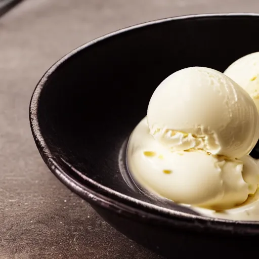 Prompt: closeup of a bowl with three balls of plain vanilla ice cream. Simplistic. Food photography.