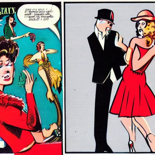 Prompt: 1980s speakeasy with stage and singer with a red dress comic book art