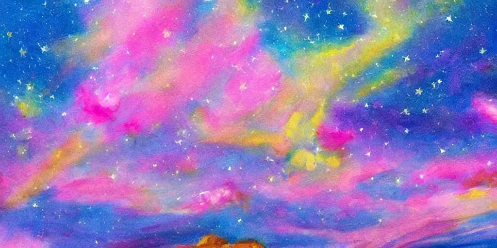 Prompt: landscape, pink, yellow, blue, hyper realism, stars, night