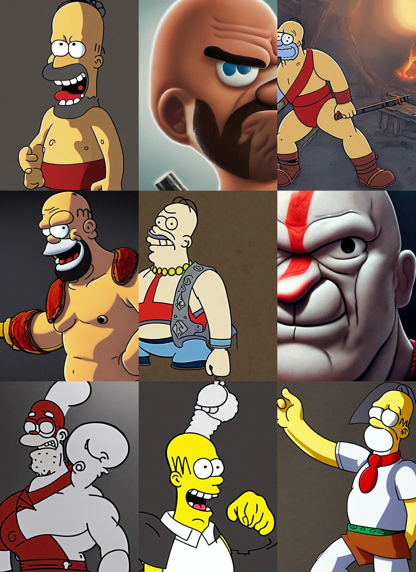 Prompt: chalk white Homer Simpson:: depicted as Kratos God of War, high detailed official artwork, Matt Groening art