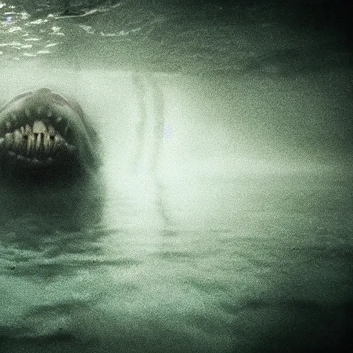 Prompt: sea monster about to eat pov underwater, pale skin, dark yellowish water, foggy water, dark, dramatic,'silent hill ', big eyes, alluring and terrifying, whole body cinematic