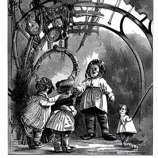 Prompt: 1890s children's book illustration about the perils of exploring alien planets