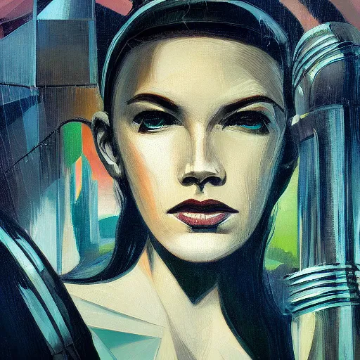 Prompt: detailed face of a woman, clockwork, moment, tectonic sky, skydome, bullet train, turbines, utopian, tech noir, wet reflections, prism, atmospheric, ambient, pj crook, syd mead, malcom t liepke, emma uber, edward hopper