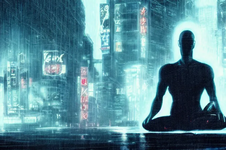 Image similar to roy batty with a bare torso sits in the lotus position with his head bowed in the rain on the roof of a building in the cyberpunk future, around neon signs, a little haze, night, realistic proportions, anime style ghost in armor