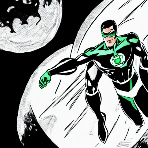 Prompt: Green Lantern in black and white uniform flying in-front of the moon, dramatic, dark, DC comic style