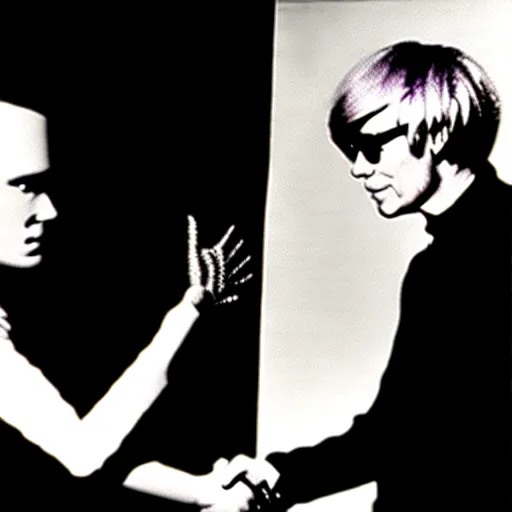 Image similar to Andy Warhol shaking hands with a robot