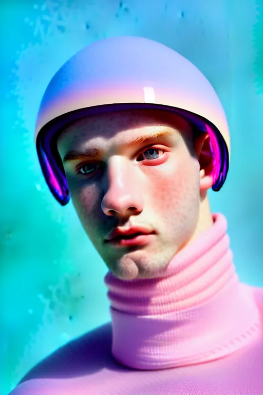 Image similar to high quality pastel coloured film mid angle portrait photograph of a beautiful young 2 0 year old male, soft features, short hair, perspex space visor and oversized inflated clothing!!!! icelandic black! rock pool environment. atmospheric three point light. photographic. art directed. ( pastel colours ). volumetric. clearcoat. waves. 8 k. filmic.