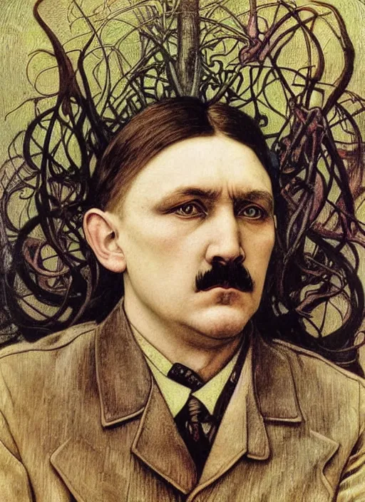 Image similar to detailed realistic beautiful young adolf hitler face portrait by jean delville, alphonse mucha, vincent van gogh, and marco mazzoni, art nouveau, symbolist, visionary, gothic, pre - raphaelite