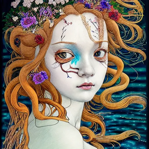 Image similar to prompt: beautiful girl in lake with light up face painted in Botticelli style drawn by Vania Zouravliov and Takato Yamamoto, nymph in the water, small flowers around and on the side, intricate oil painting, high detail, Neo-expressionism, post-modern gouache marks on the side, gnarly details soft light, white background, intricate detail, intricate ink painting detail, sharp high detail, manga and anime 2000