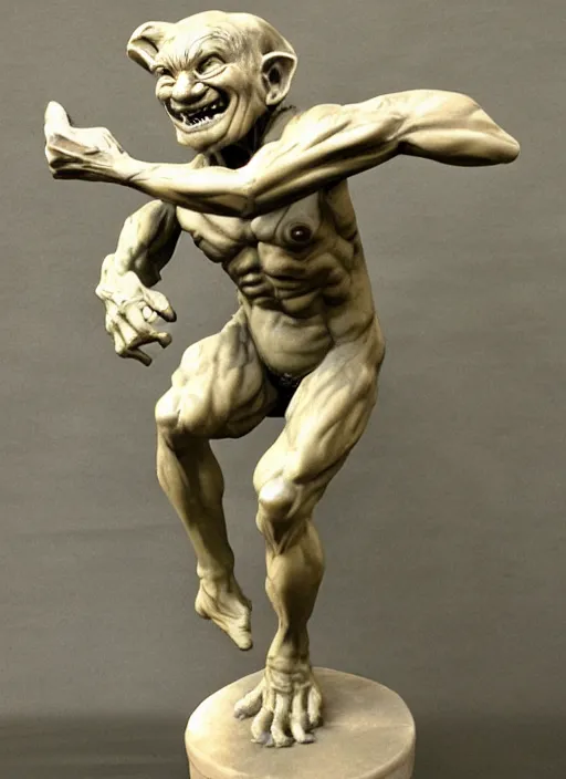 Prompt: a full figure marble sculpture of a running goblin, rough texture by Rodin and Frazetta