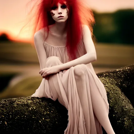 Prompt: photographic portrait of a stunningly beautiful english emo female in soft dreamy light at sunset, soft forcus, chiffon dress, contemporary fashion shoot, in a tim burton movie, by edward robert hughes, annie leibovitz and steve mccurry, david lazar, jimmy nelsson, extremely detailed, breathtaking, hyperrealistic, perfect face, octane render