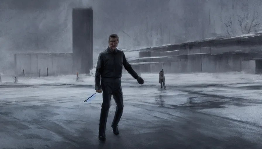 Prompt: concept art in the style of jon mccoy of the next james bond film featuring an older pierce brosnan, who is in tactical winter gear walking towards a brutalist structure in the distance, highly detailed, 8 k