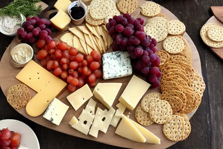 Prompt: A Gigantic cheese platter with crackers