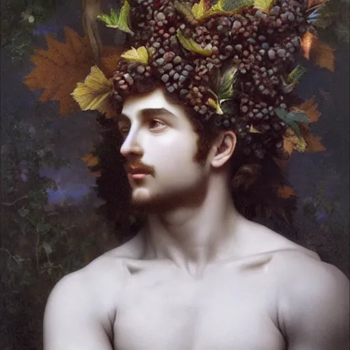 Prompt: photorealistic god dionysus with leaves and grape in his hair, bouguereau, tom of finland,