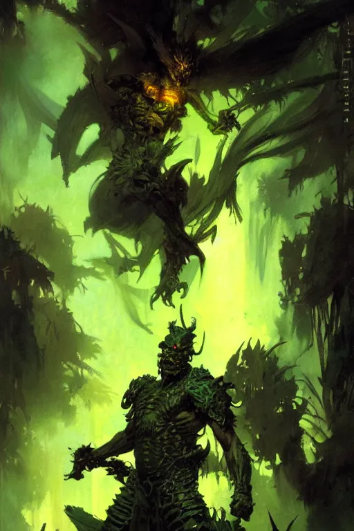 Image similar to green demon with black eyes and yellow teeth, painting by gaston bussiere, craig mullins, greg rutkowski, yoji shinkawa