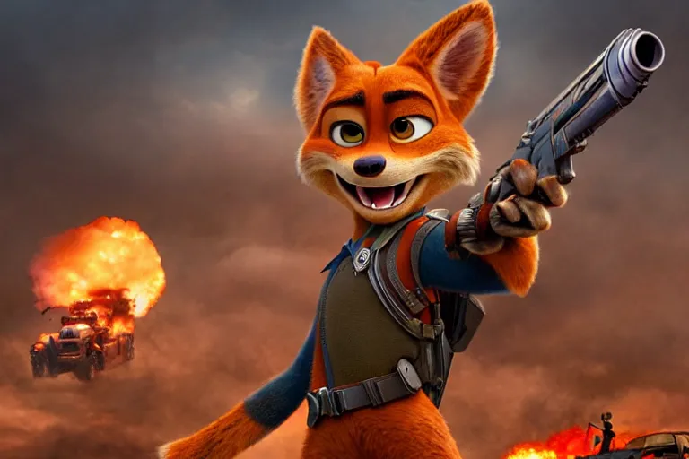 Image similar to nick wilde ( from zootopia ), heavily armed and armored facing down armageddon in a dark and gritty reboot from the makers of mad max : fury road