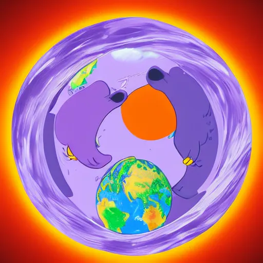 Image similar to cartoon illustration of a bear mascot being launched from a futuristic marble planet, purple and orange cloudland