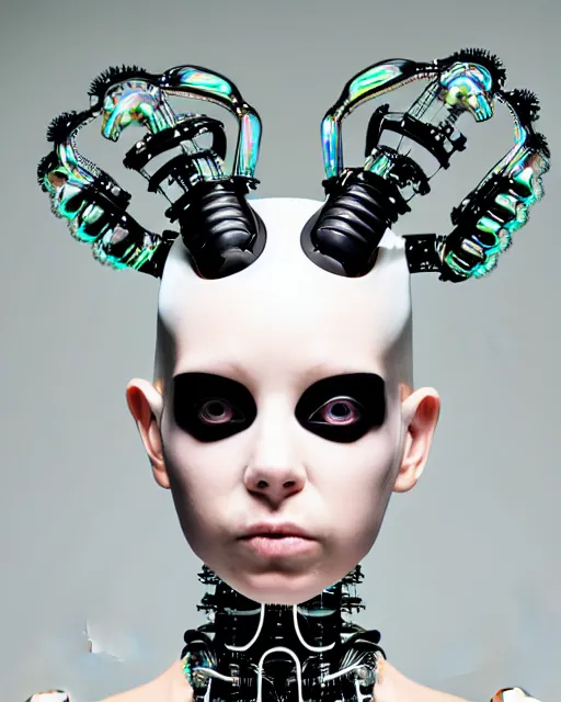 Prompt: symmetrical portrait of a biomechanical cyborg wearing a silicone swarovski studded iridescent beauty mask and neon hair buns, wearing a black bodysuit by alexander mcqueen, cream white background, soft diffused light, biotechnology, humanoid robot, bjork aesthetic, translucent, by rineke dijkstra, intricate details, highly detailed, masterpiece,