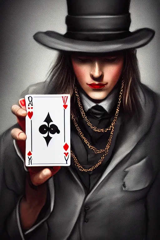 Image similar to modern street magician holding playing cards, realistic, modern, intricate, elegant, highly detailed, digital painting, artstation, concept art, addiction, chains, smooth, sharp focus, illustration, art by ilja repin