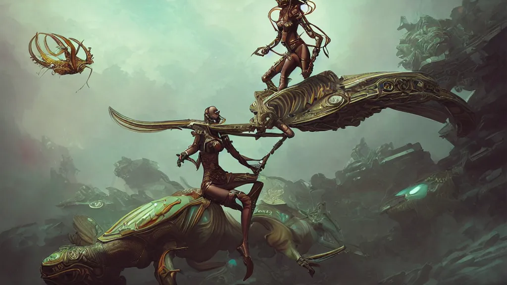 Prompt: a highly detailed 3 d render of futuristic woman riding a locust in the style of peter mohrbacher by weta digital