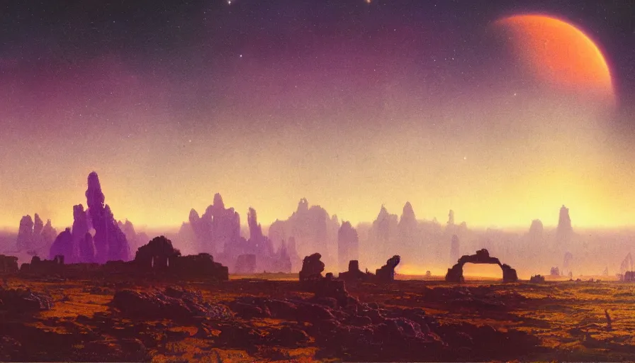 Prompt: ruins of an empire on a purple alien landscape, night sky, by Bruce Pennington