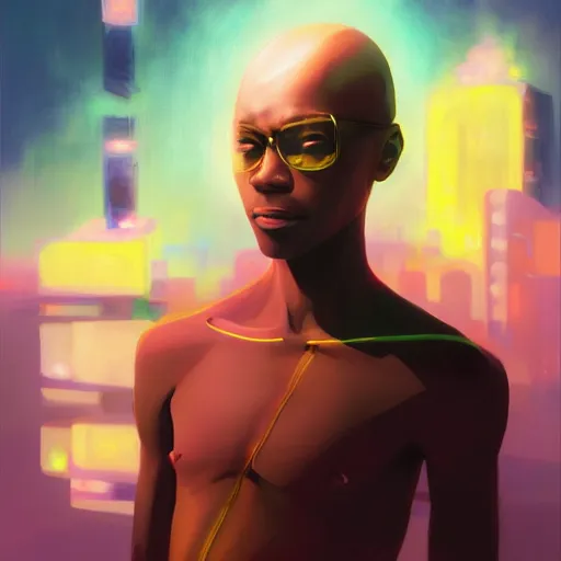 Image similar to bald afro - cyberpunk man manifesting dreams with ancestral magic in a modern world | hyperrealistic oil painting | by makoto shinkai, ilya kuvshinov, lois van baarle, rossdraws, basquiat | afrofuturism, in the style of surrealism, trending on artstation | dark color scheme