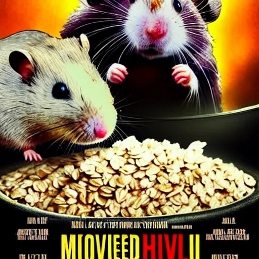 Prompt: an epic movie poster of a movie where a homeless hamster eats so much oatmeal he passes out