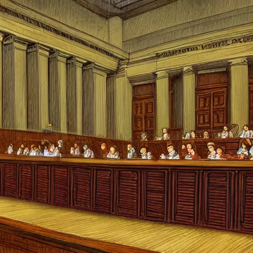 Image similar to Digital art about a huge courtroom with lots of people. The defendant and the accused are on a floating platform. Fantastic detail, astonishing composition, award winning.