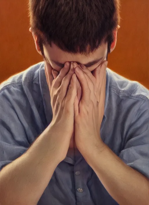 Image similar to insanely detailed portrait of a sleepy - looking programmer guy on his knees in front of his glowing ultrawide monitor begging for forgiveness, oil on canvas, masterwork, fine detail, trending on artstation, emotive, insanely compelling, ryden, koons, moebius