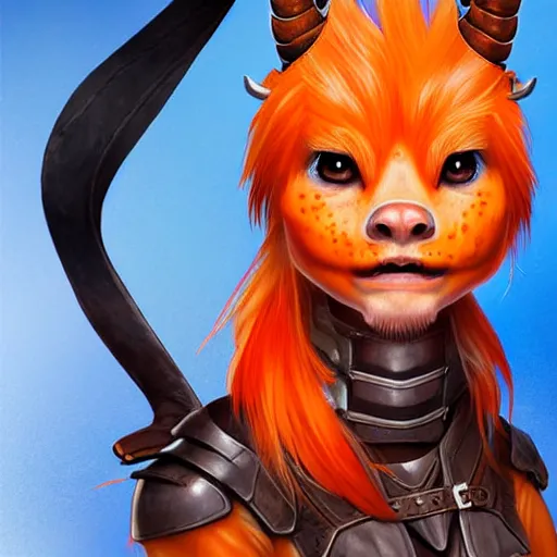 Prompt: illustrated realistic portrait female ORANGE SKIN prong-horned kobold with blue bob hair and solid dark eyes wearing strap leather armor by rossdraws