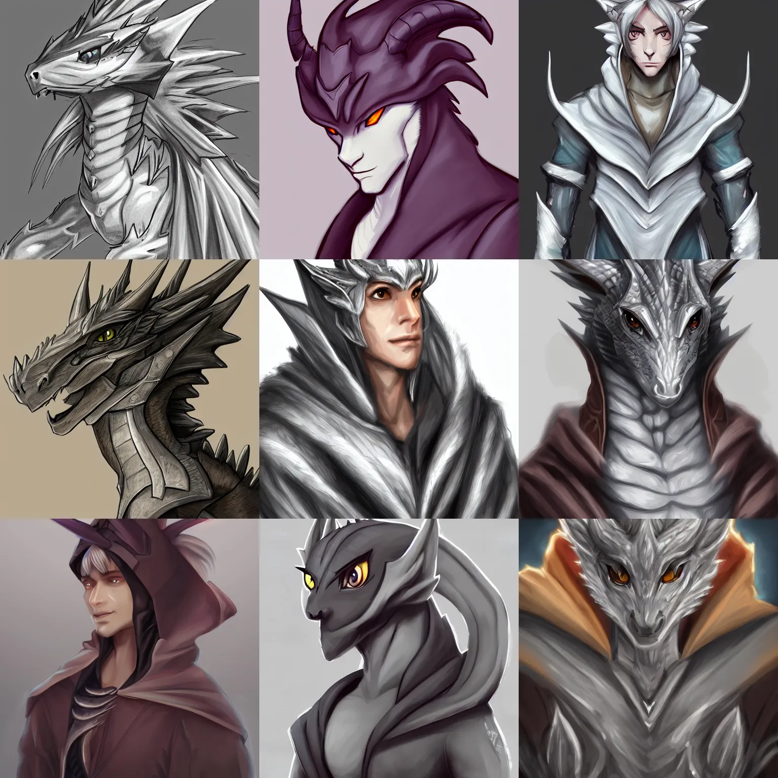 Prompt: very very beautiful half body side angle portrait of a handsome young anthropomorphic silver dragon, soft draconic features, cute eyes, wearing a luxurious silk cloak, commission on furaffinity, artstation, high quality sketch, warm colors