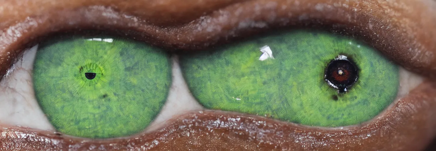 Prompt: close up of a female dead green eye reflecting a female figure holding a pistol