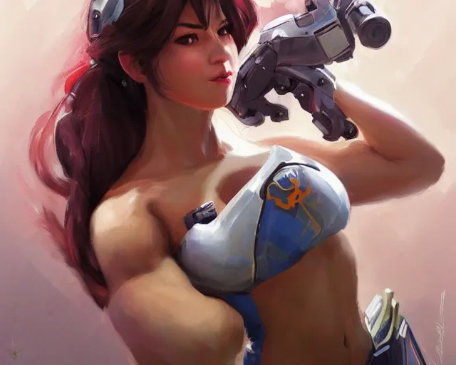 Image similar to portrait of d. va from overwatch as a beautiful female bodybuilder amazon with plump lips, elegant, fantasy, hd shot, digital portrait, beautiful, artstation, comic style, by artgerm, guy denning, jakub rozalski, magali villeneuve and charlie bowater