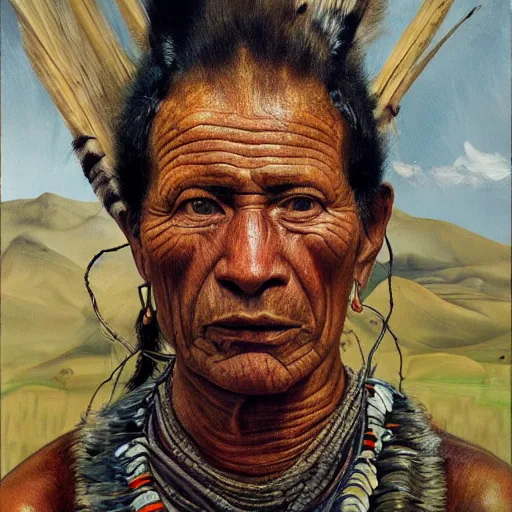 Image similar to high quality high detail painting by lucian freud, hd, portrait of a amazonian tribe leader, photorealistic lighting