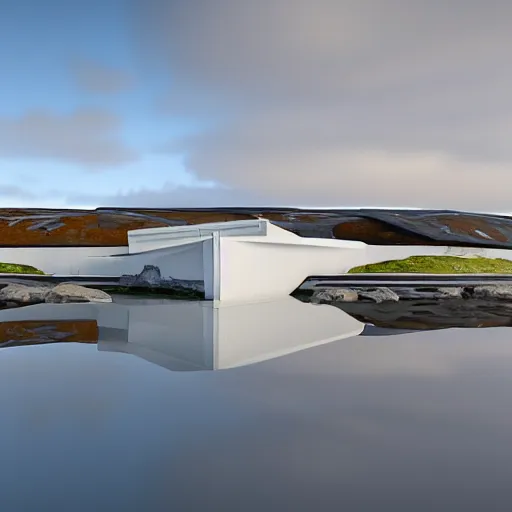 Prompt: a beautiful lot of white sphere shaped museum buildings are fused together, in the iceland calm water, no trees ， hyper detailed, 8 k, unreal engine, hdr, dof human perspective ， by kazuyo sejima and hiroshi sugimoto