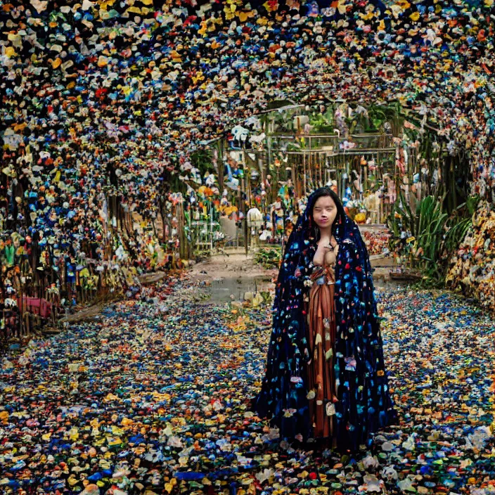 Prompt: a woman wearing a cloak made of butterflies, in an abandoned theme park, by omar z. robles, canon eos c 3 0 0, ƒ 1. 8, 3 5 mm, 8 k, medium - format print