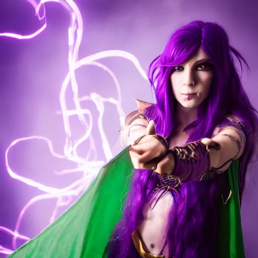 Image similar to high quality photograph of a woman cosplaying as a half-elf sorceress, purple hair, 35 years old, magical chaotic lights dance around her, dark and ominous background