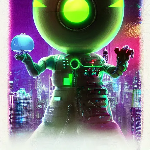 Prompt: high quality 3 d render cyberpunk very tennis ball monster highly detailed, unreal engine cinematic smooth, in the style of blade runner & detective pikachu, hannah yata charlie immer, purple light, low angle, uhd 8 k, sharp focus, illustrated by basil gogos