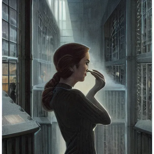 Image similar to detailed face of an intelligent clothed woman with kind eyes in a architectonic courtyard with whisps of smoke at a science expo, atmospheric, ambient, pj crook, syd mead, livia prima, artgerm, greg rutkowski, nick alm, casey baugh