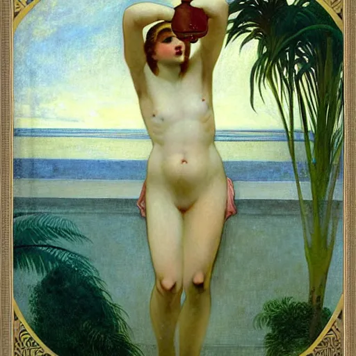Image similar to Girl with a blood dripping chalice at the palace, thunderstorm, pool, beach and palm trees on the background major arcana sky, by paul delaroche, alphonse mucha and arnold böcklin arnold böcklin hyperrealistic 8k, very detailed